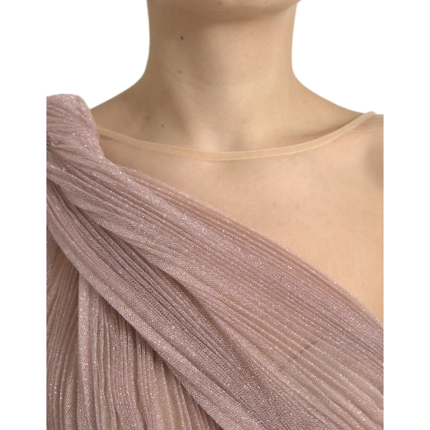 Pink One Shoulder Pleated Lame Tulle Dress