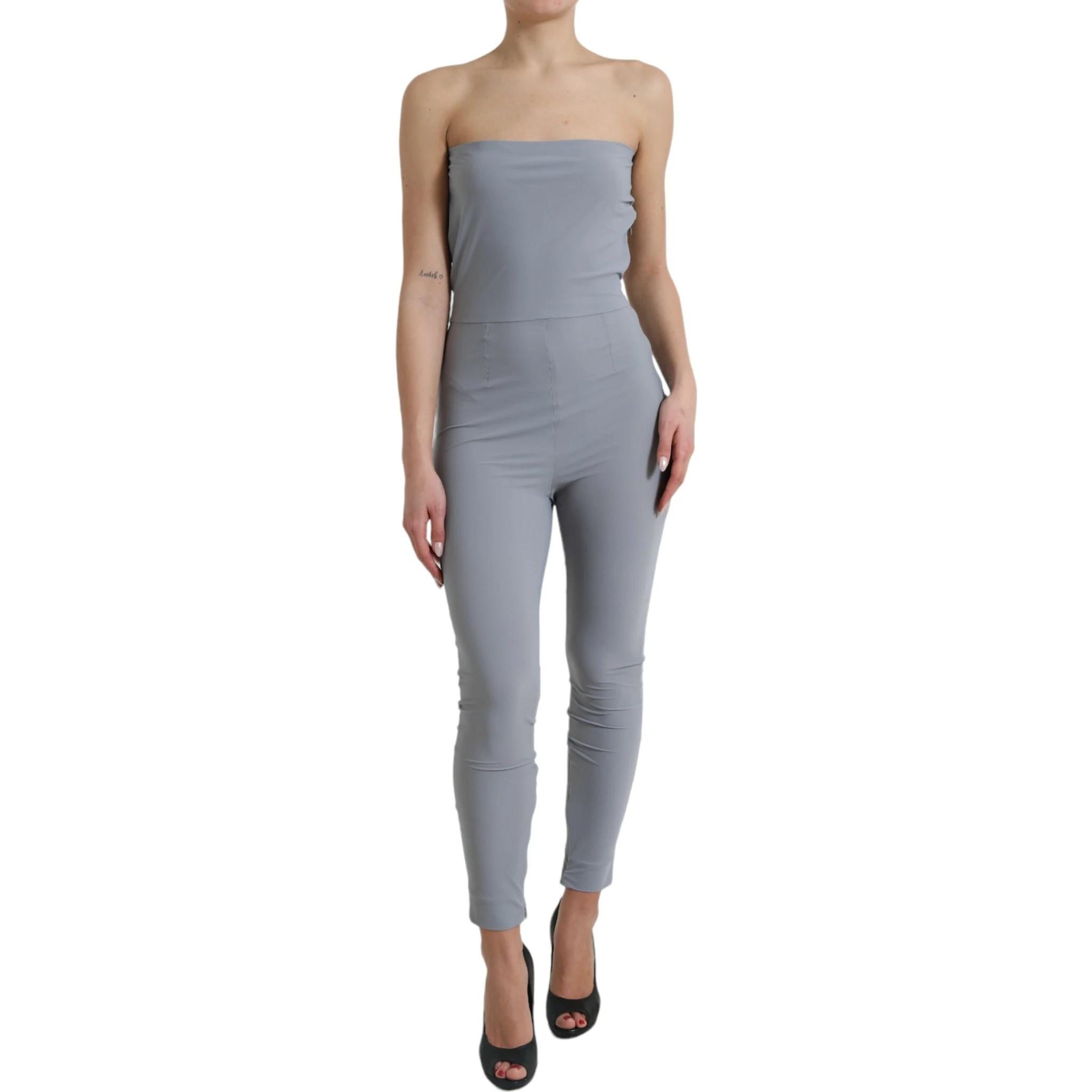 Gray Nylon Strapless Bodycon Jumpsuit Dress