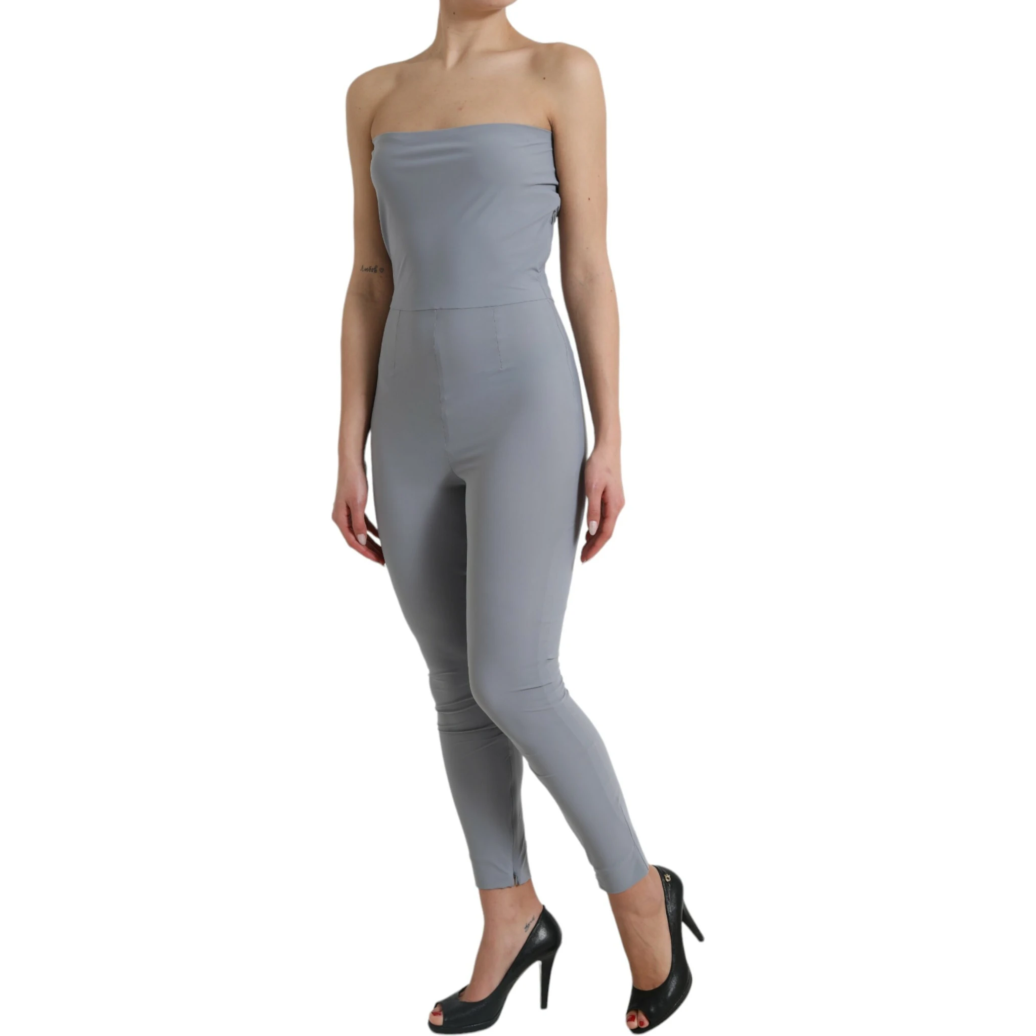 Gray Nylon Strapless Bodycon Jumpsuit Dress