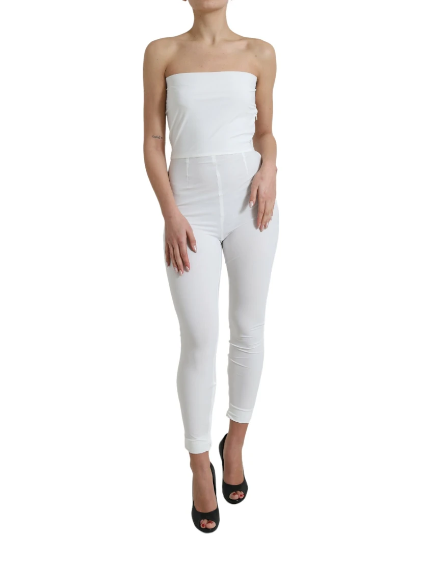 White Nylon Strapless Bodycon Jumpsuit Dress