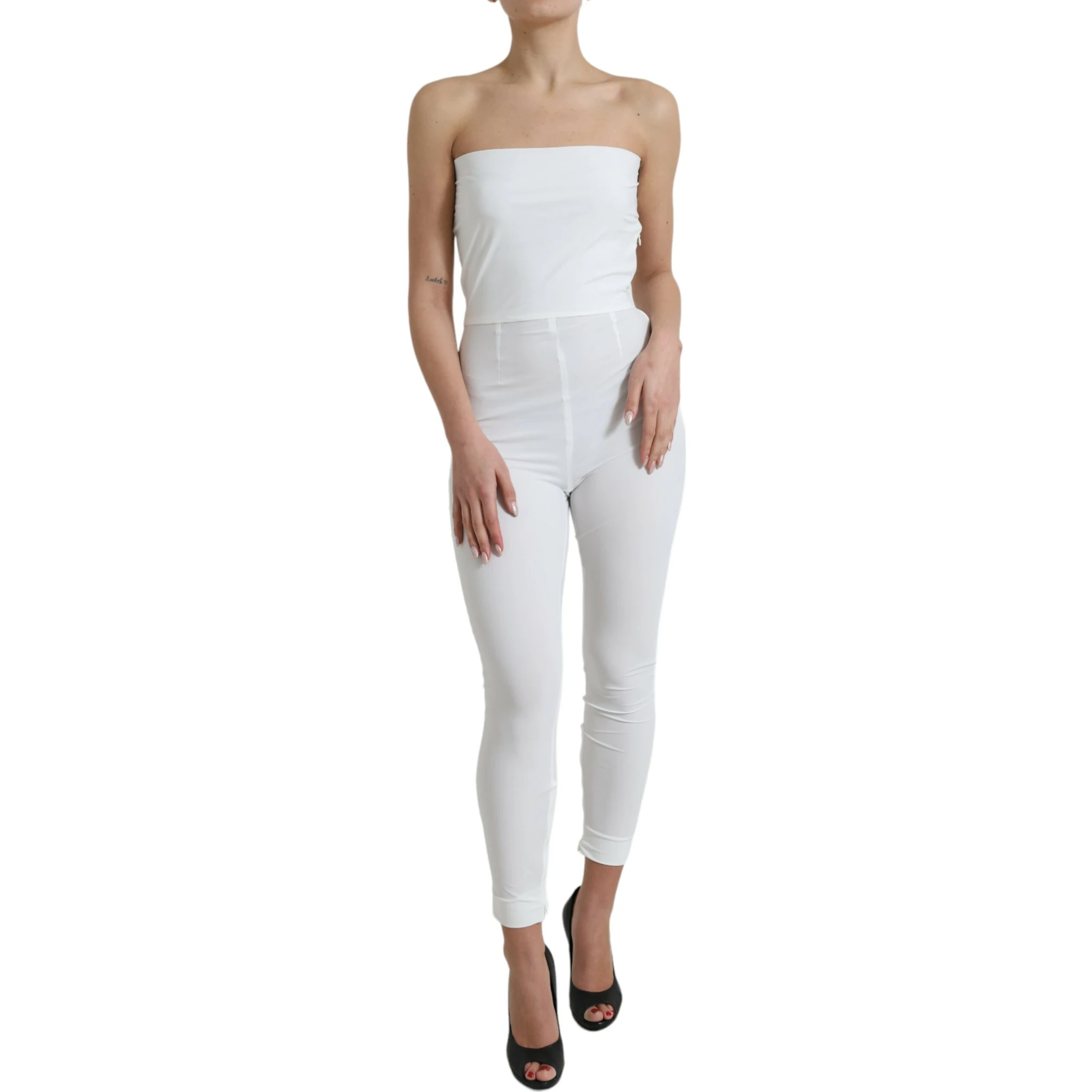 White Nylon Strapless Bodycon Jumpsuit Dress
