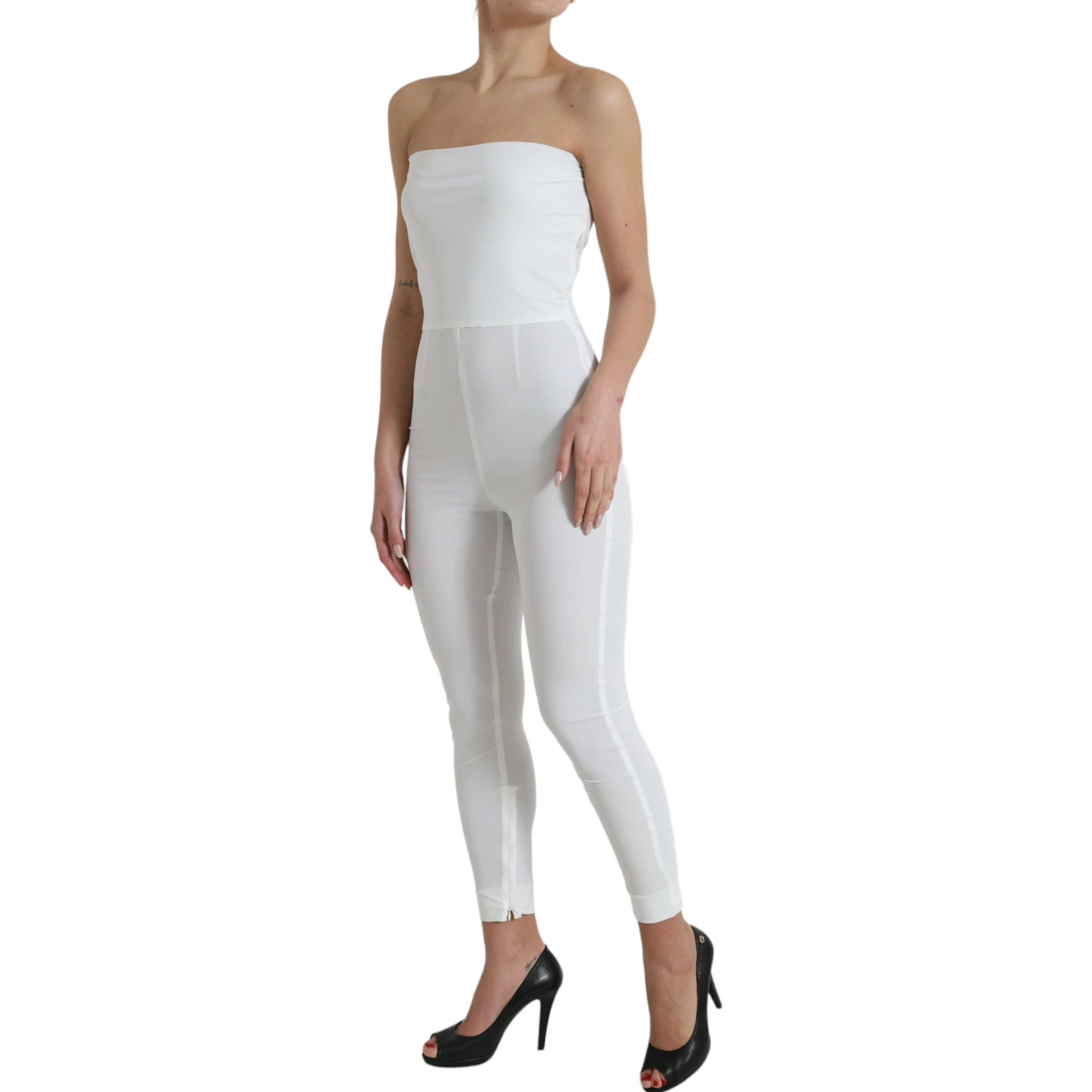 White Nylon Strapless Bodycon Jumpsuit Dress