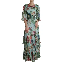 Blue Floral Print Tiered Long Maxi Dress