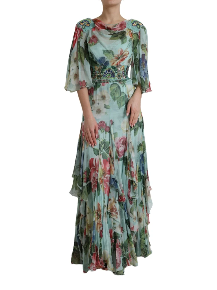 Blue Floral Print Tiered Long Maxi Dress