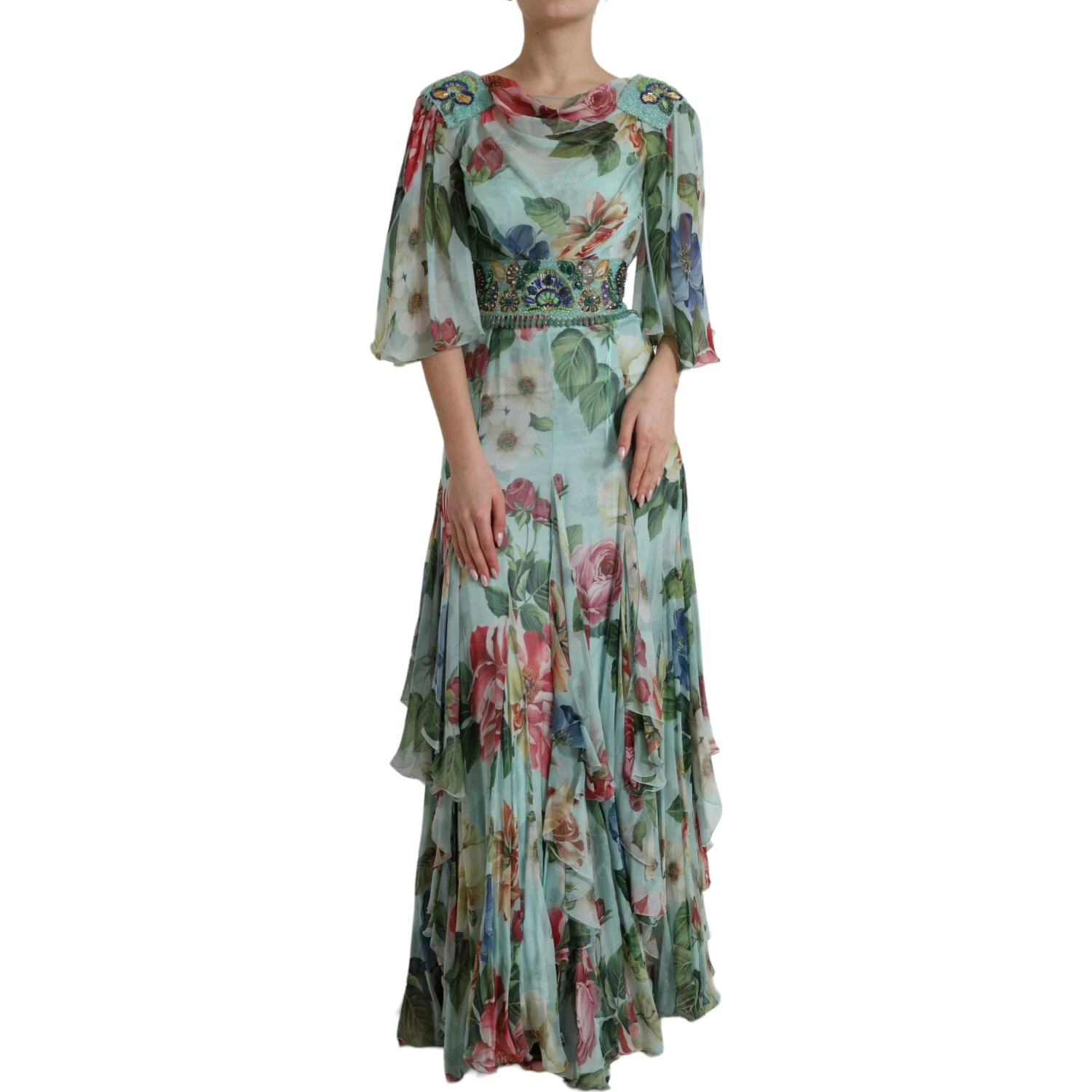 Blue Floral Print Tiered Long Maxi Dress