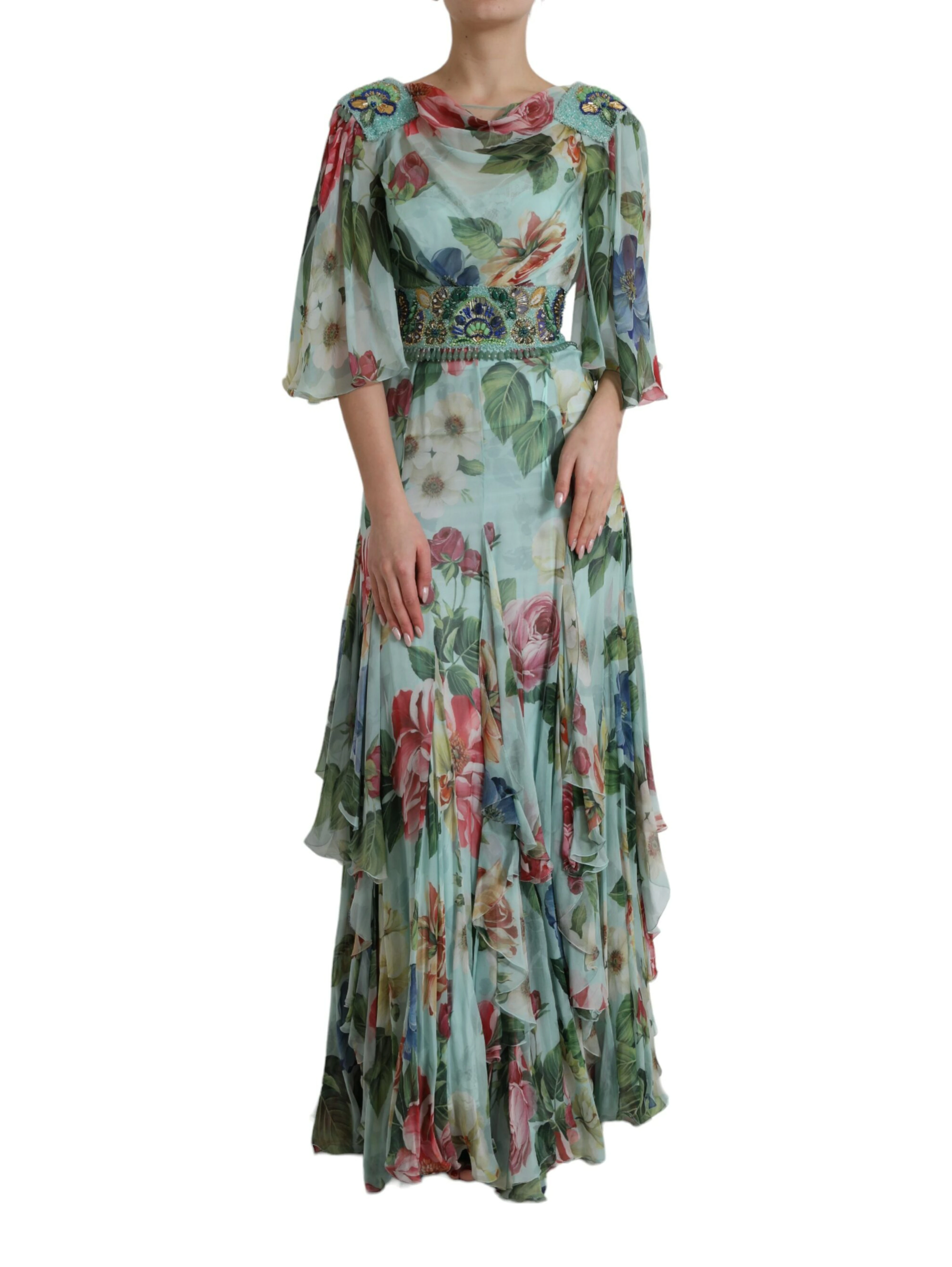 Blue Floral Print Tiered Long Maxi Dress