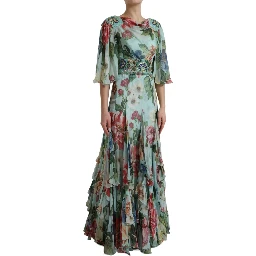Blue Floral Print Tiered Long Maxi Dress