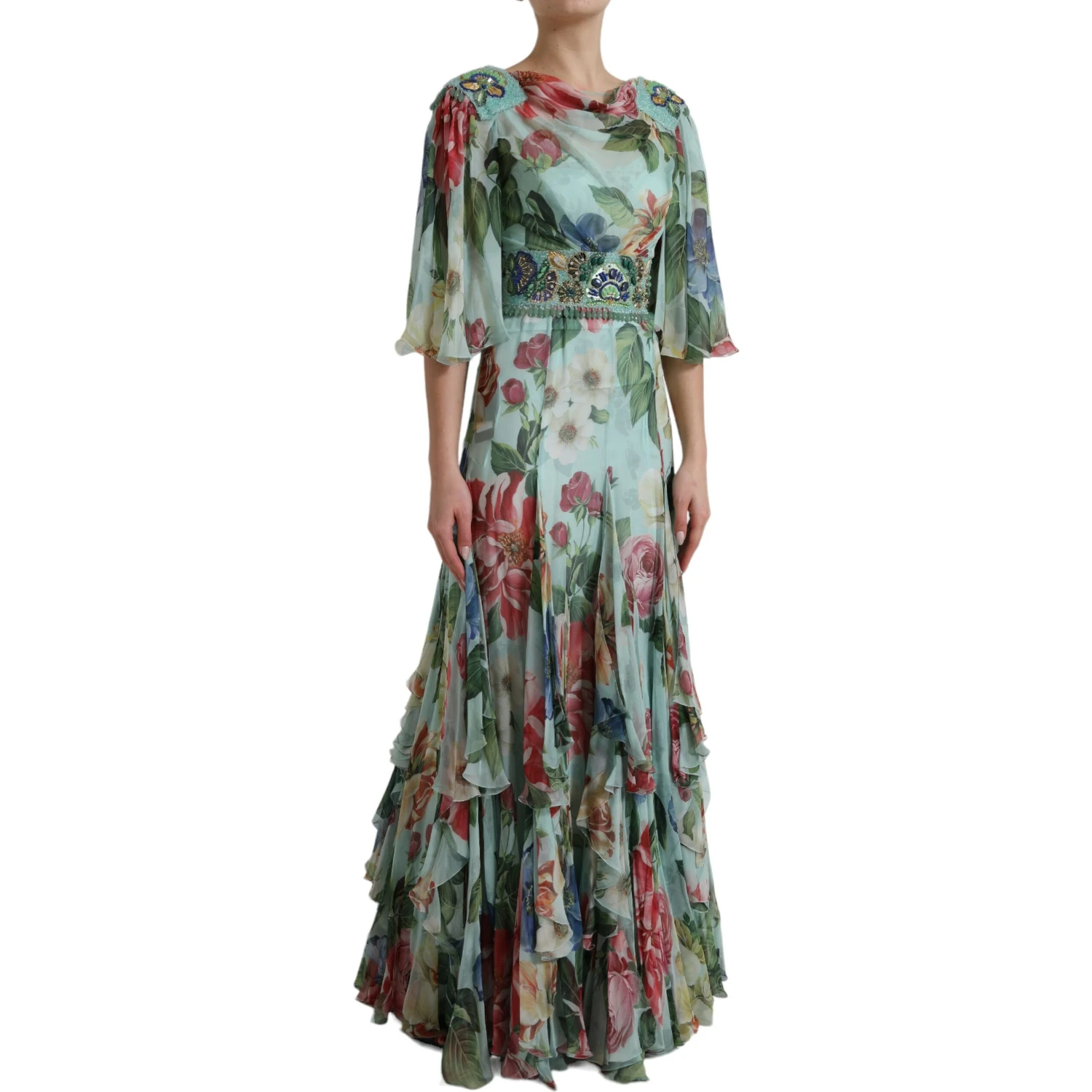Blue Floral Print Tiered Long Maxi Dress