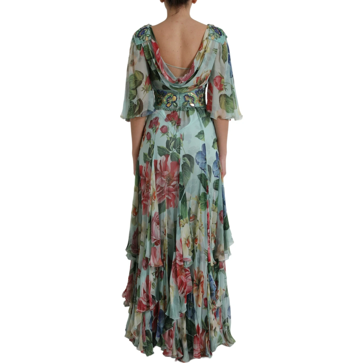 Blue Floral Print Tiered Long Maxi Dress