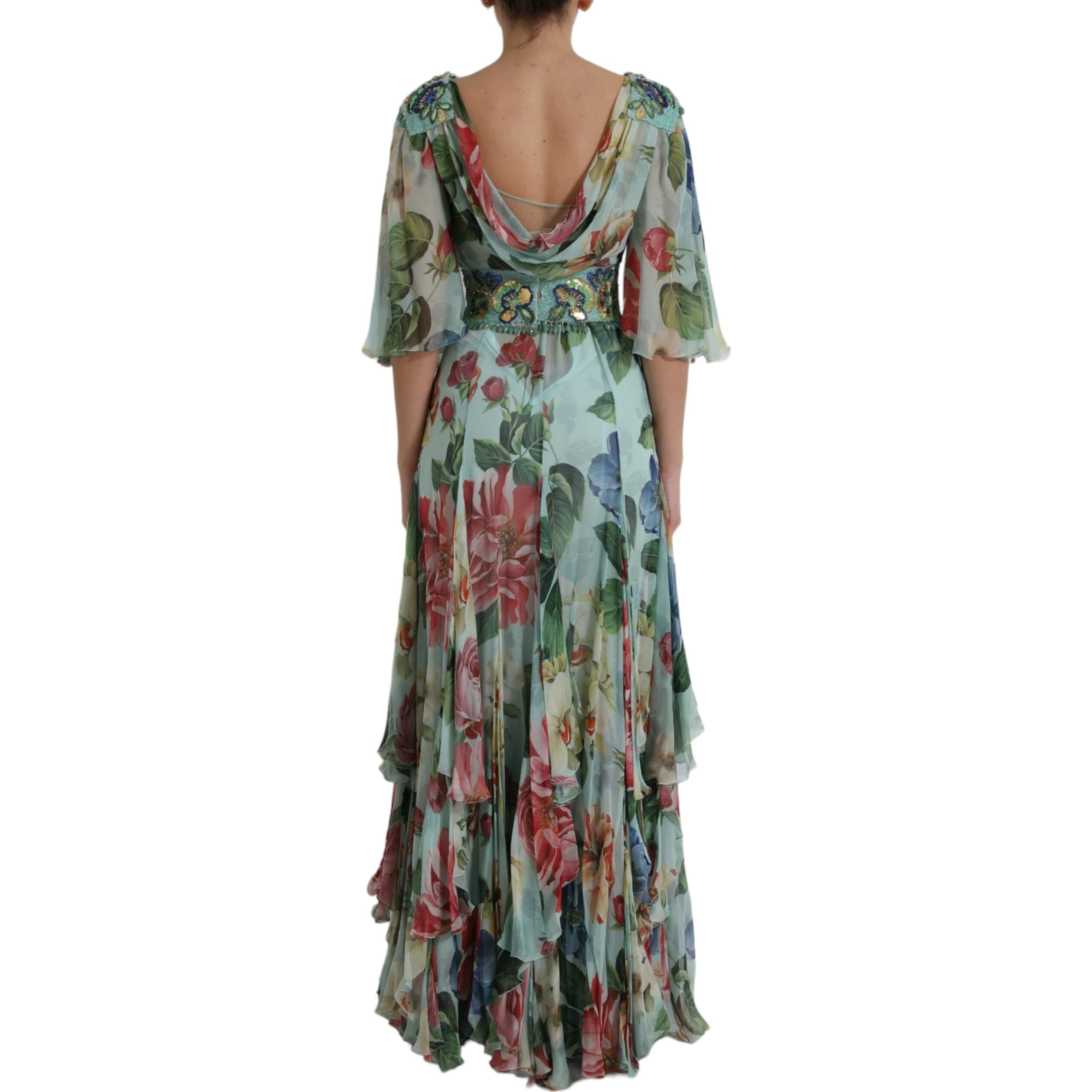 Blue Floral Print Tiered Long Maxi Dress
