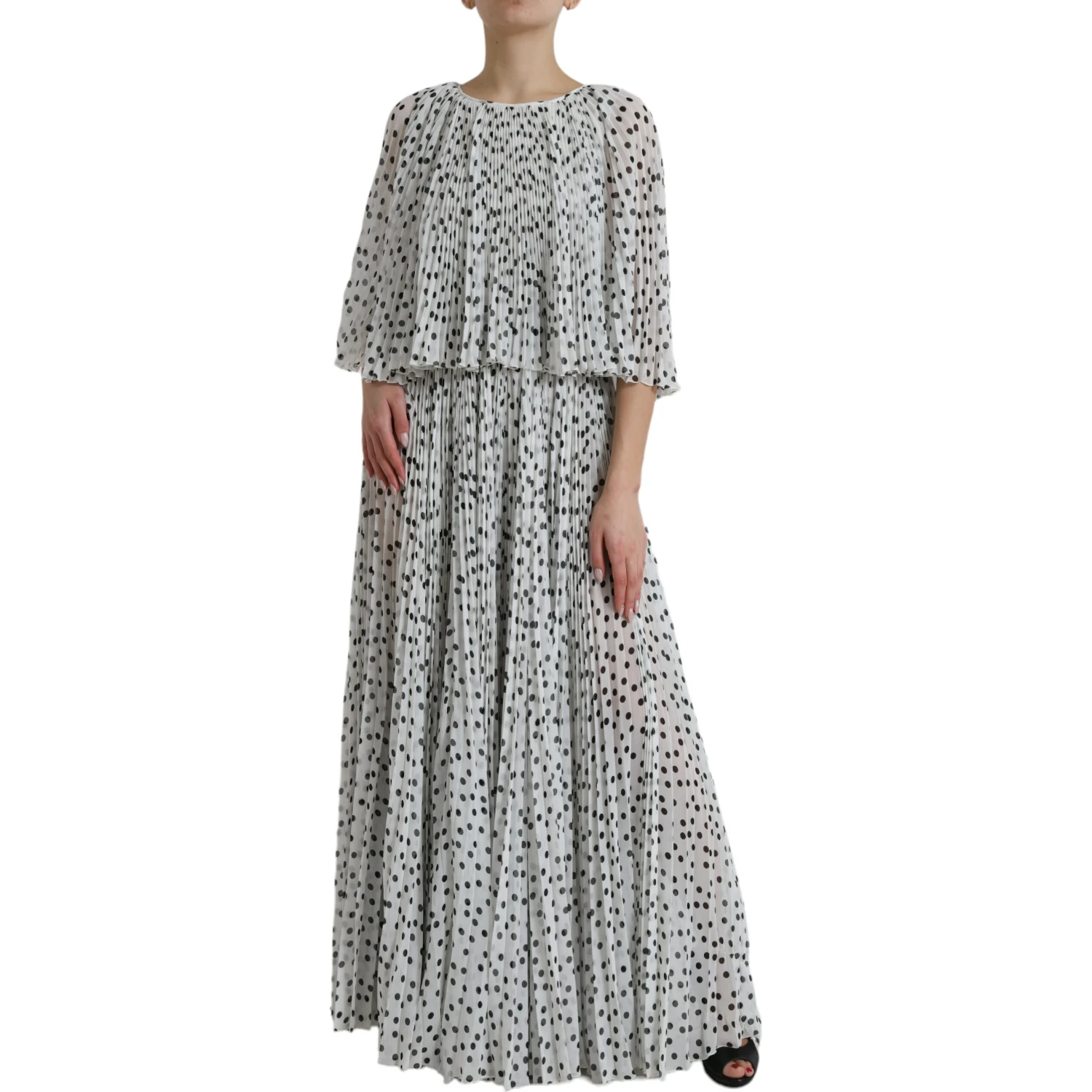 White Polka Dot A-line Pleated Maxi Dress