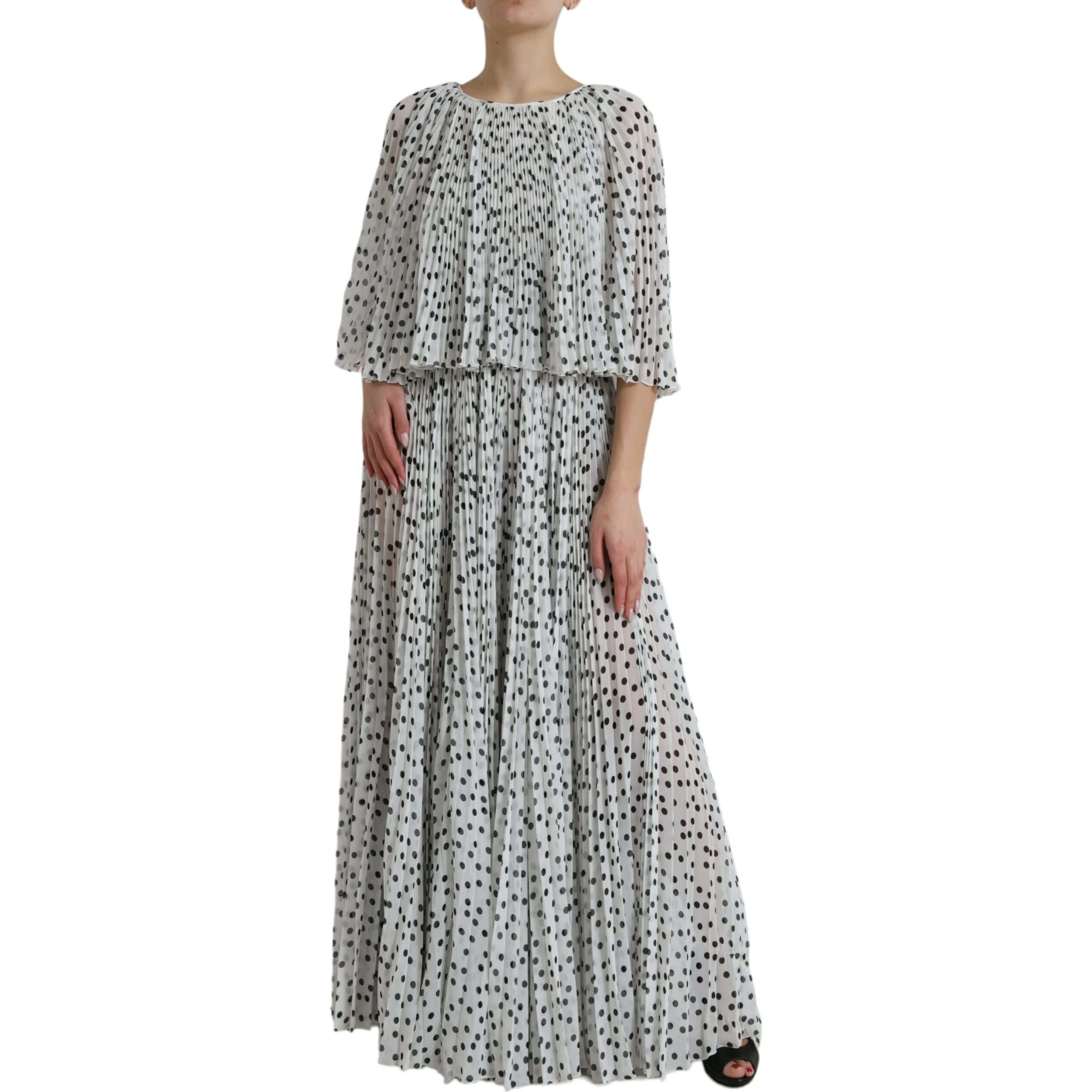 White Polka Dot A-line Pleated Maxi Dress