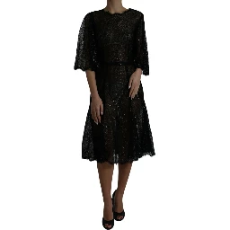 Black Floral Lace Sheer A-line Midi Dress