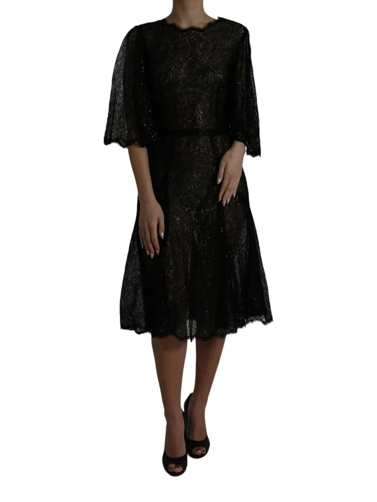 Black Floral Lace Sheer A-line Midi Dress