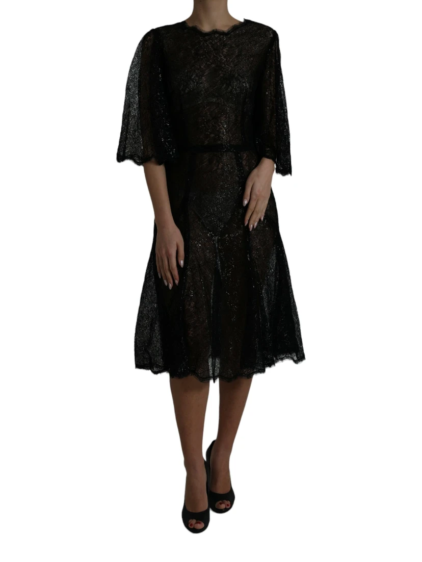 Black Floral Lace Sheer A-line Midi Dress