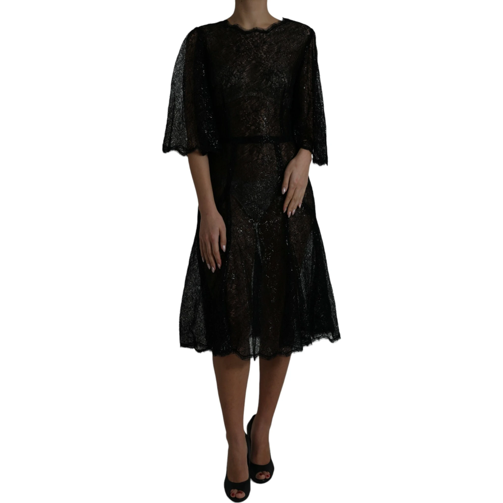 Black Floral Lace Sheer A-line Midi Dress