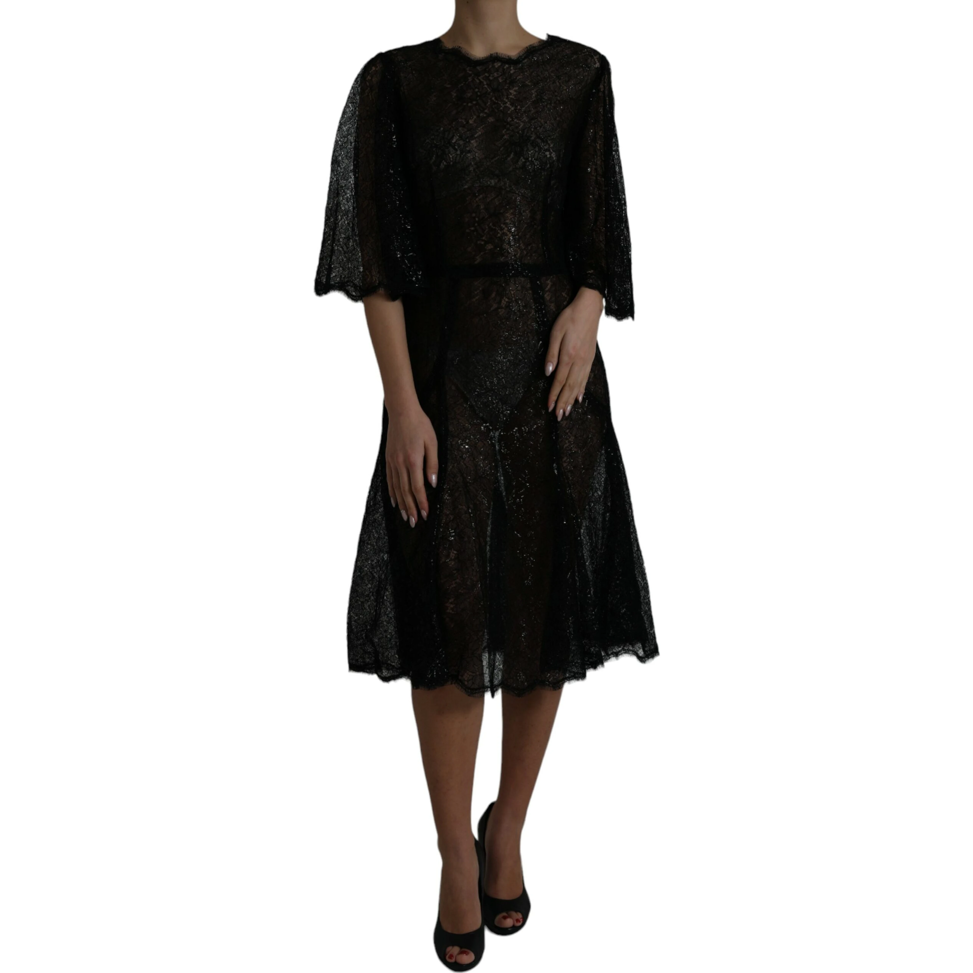 Black Floral Lace Sheer A-line Midi Dress