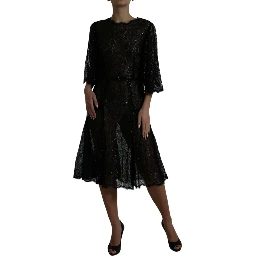Black Floral Lace Sheer A-line Midi Dress