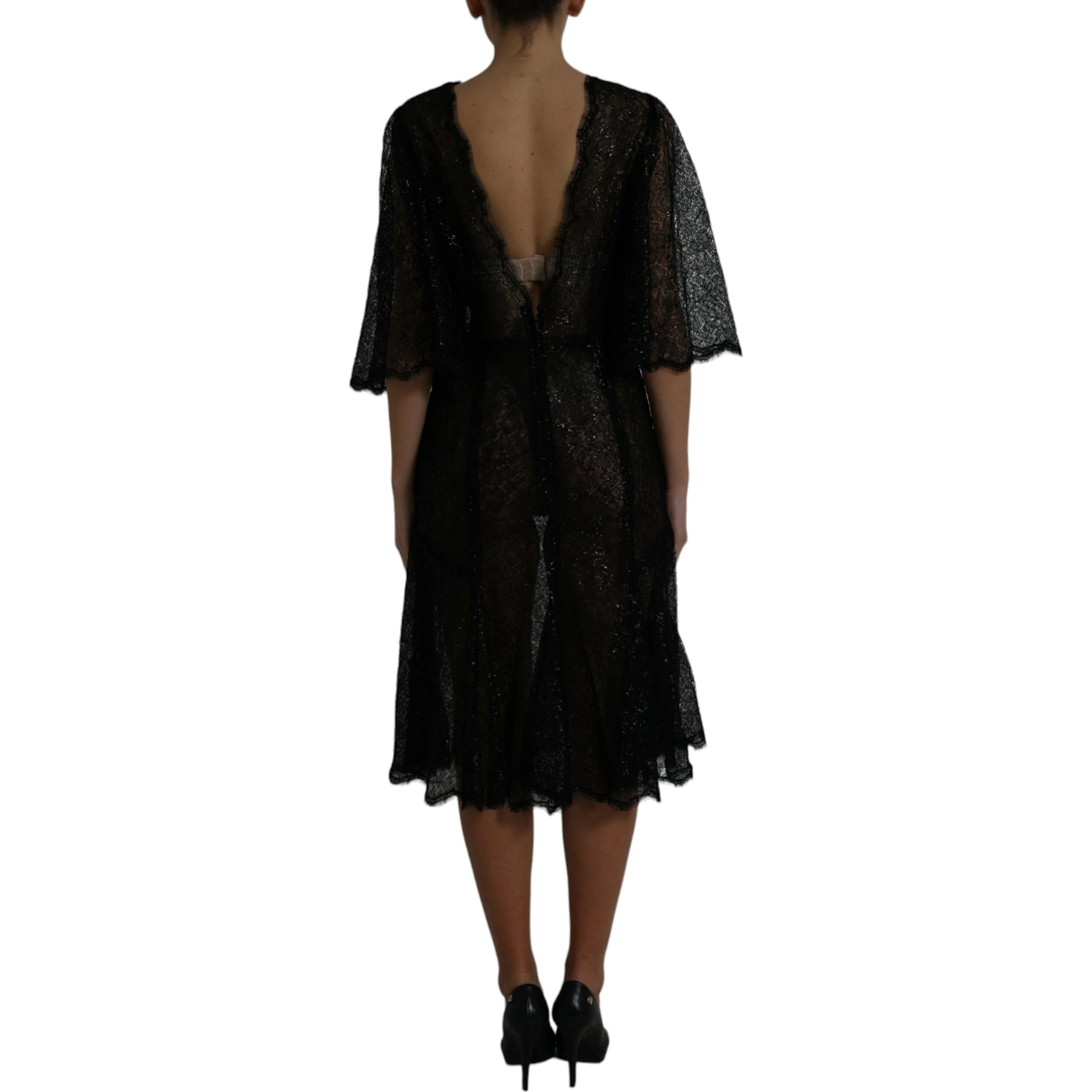 Black Floral Lace Sheer A-line Midi Dress