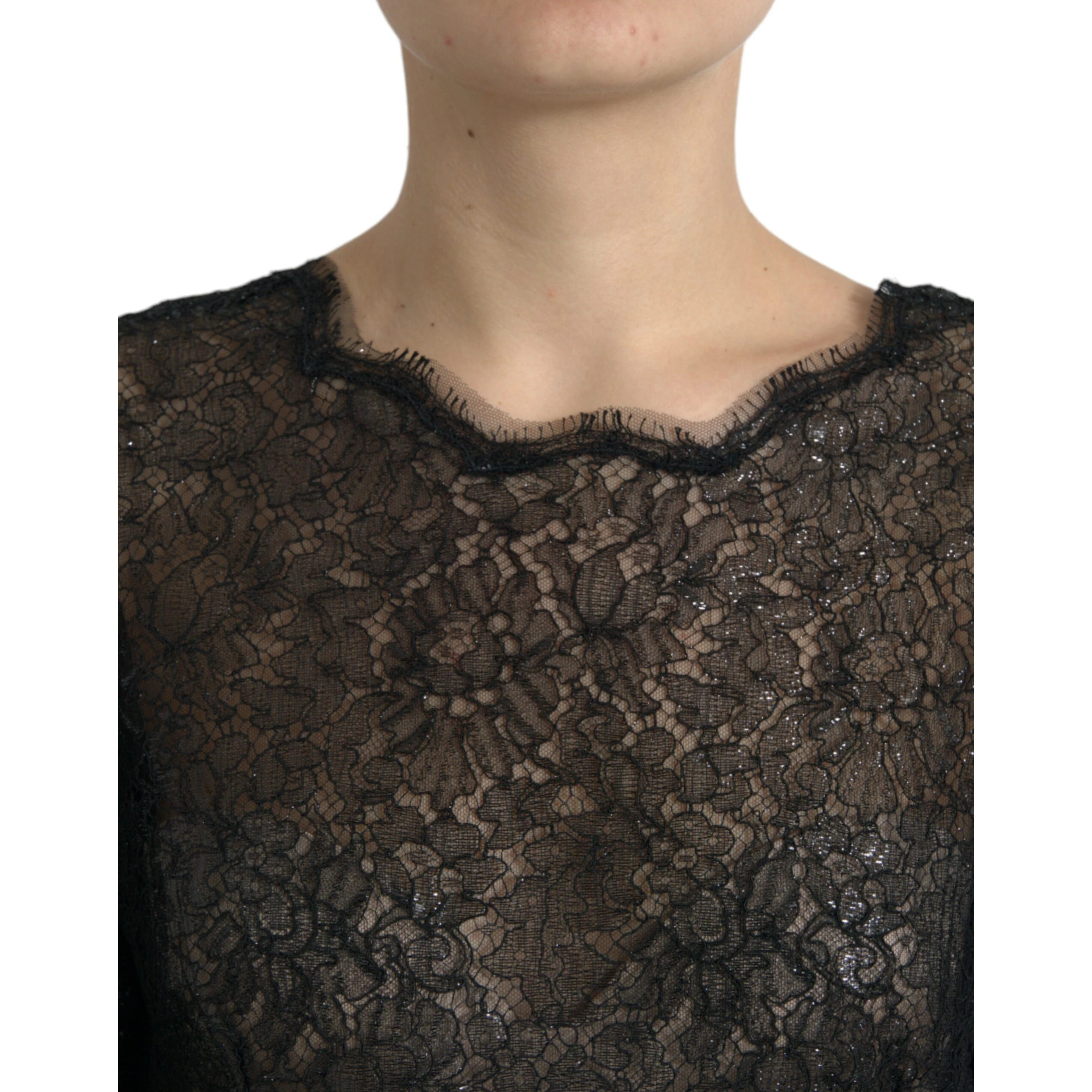 Black Floral Lace Sheer A-line Midi Dress