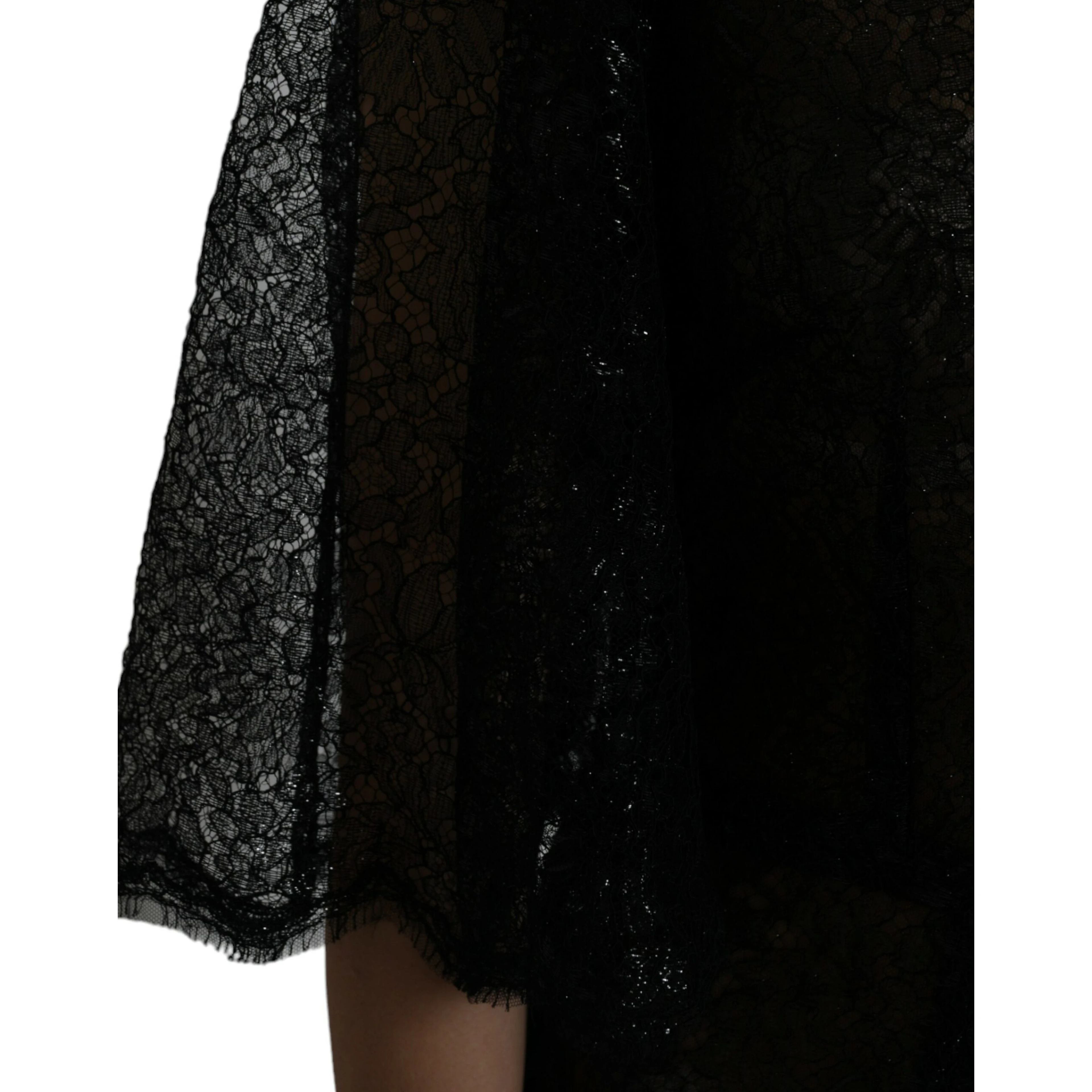 Black Floral Lace Sheer A-line Midi Dress