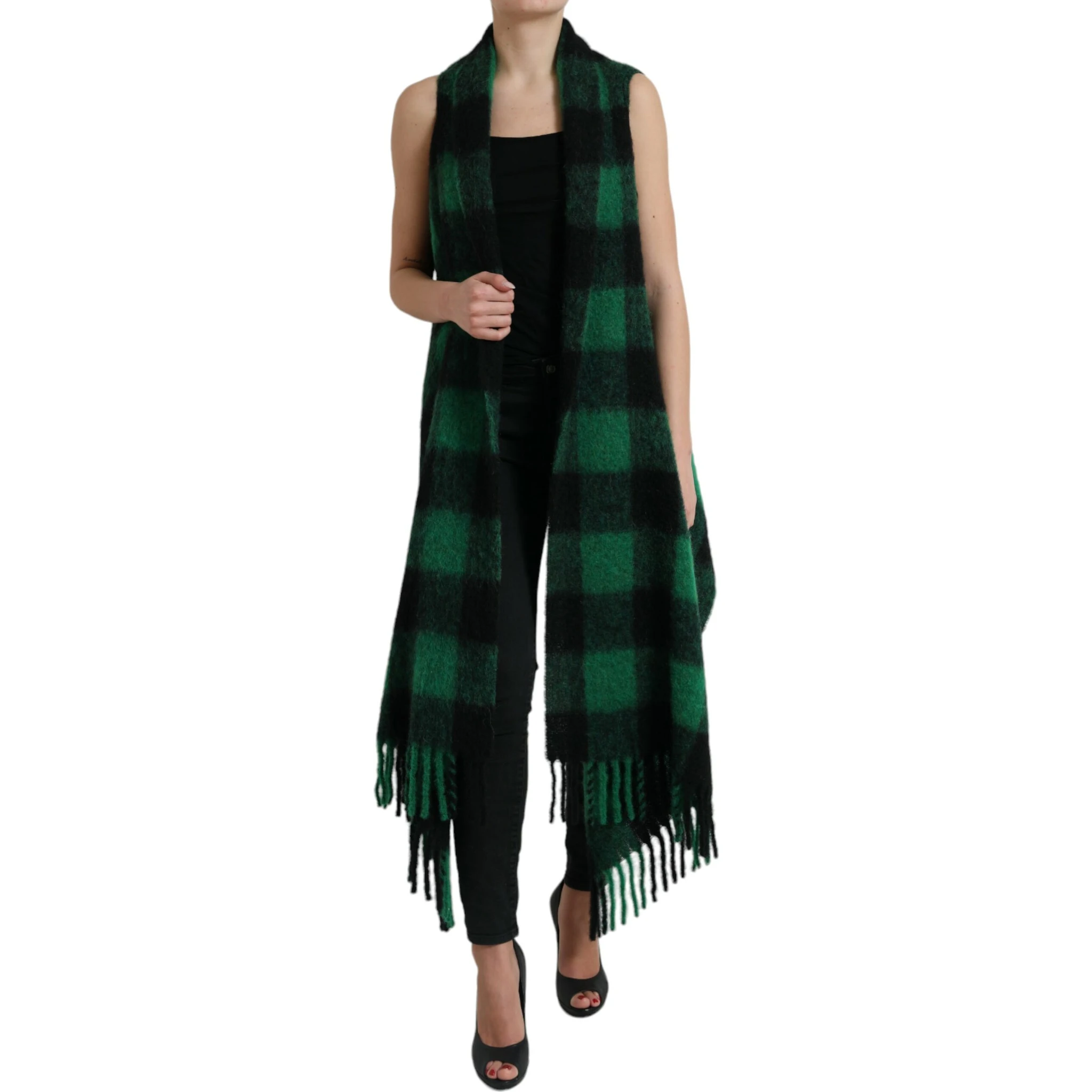 Black Green Buffalo Check Poncho Coat Jacket