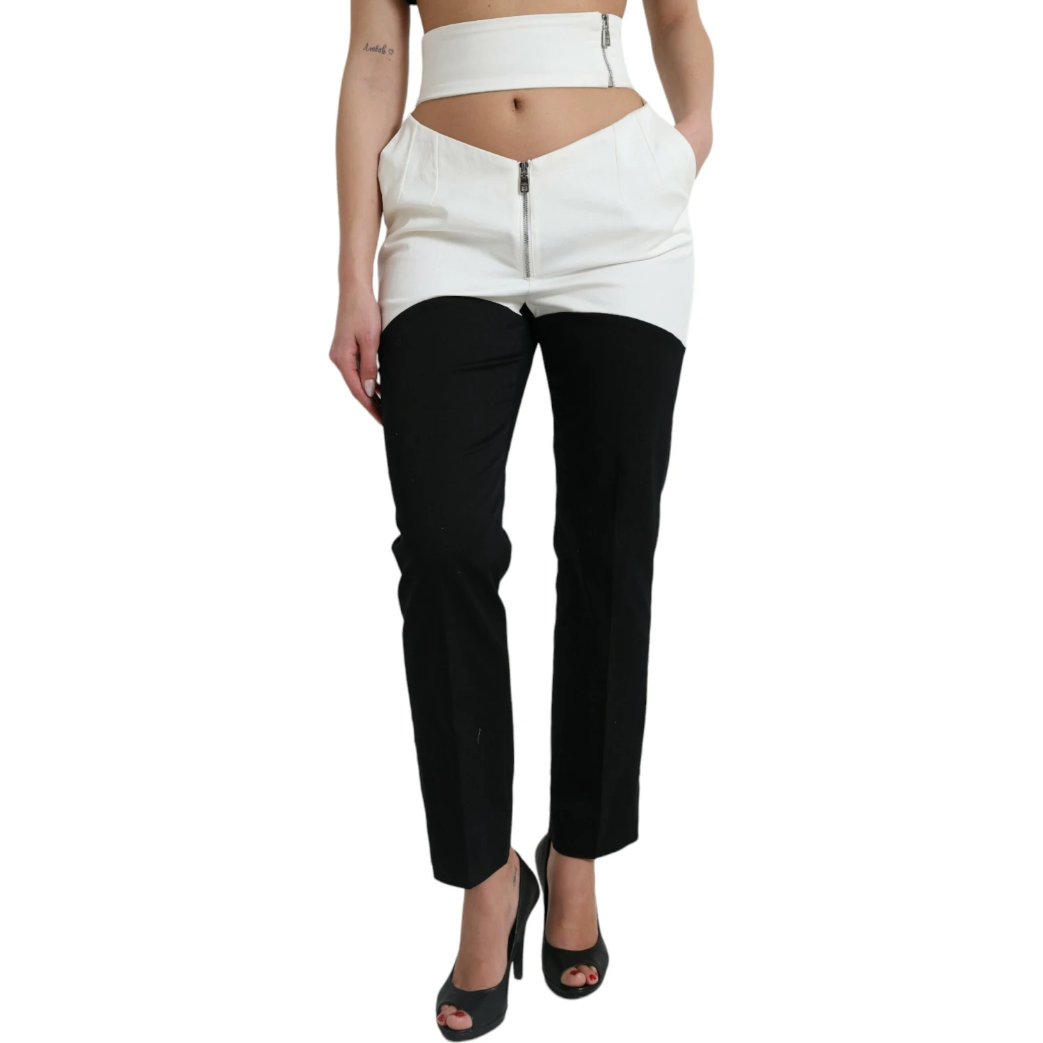 Black White Cotton Cut Out Waist Tapered Pants