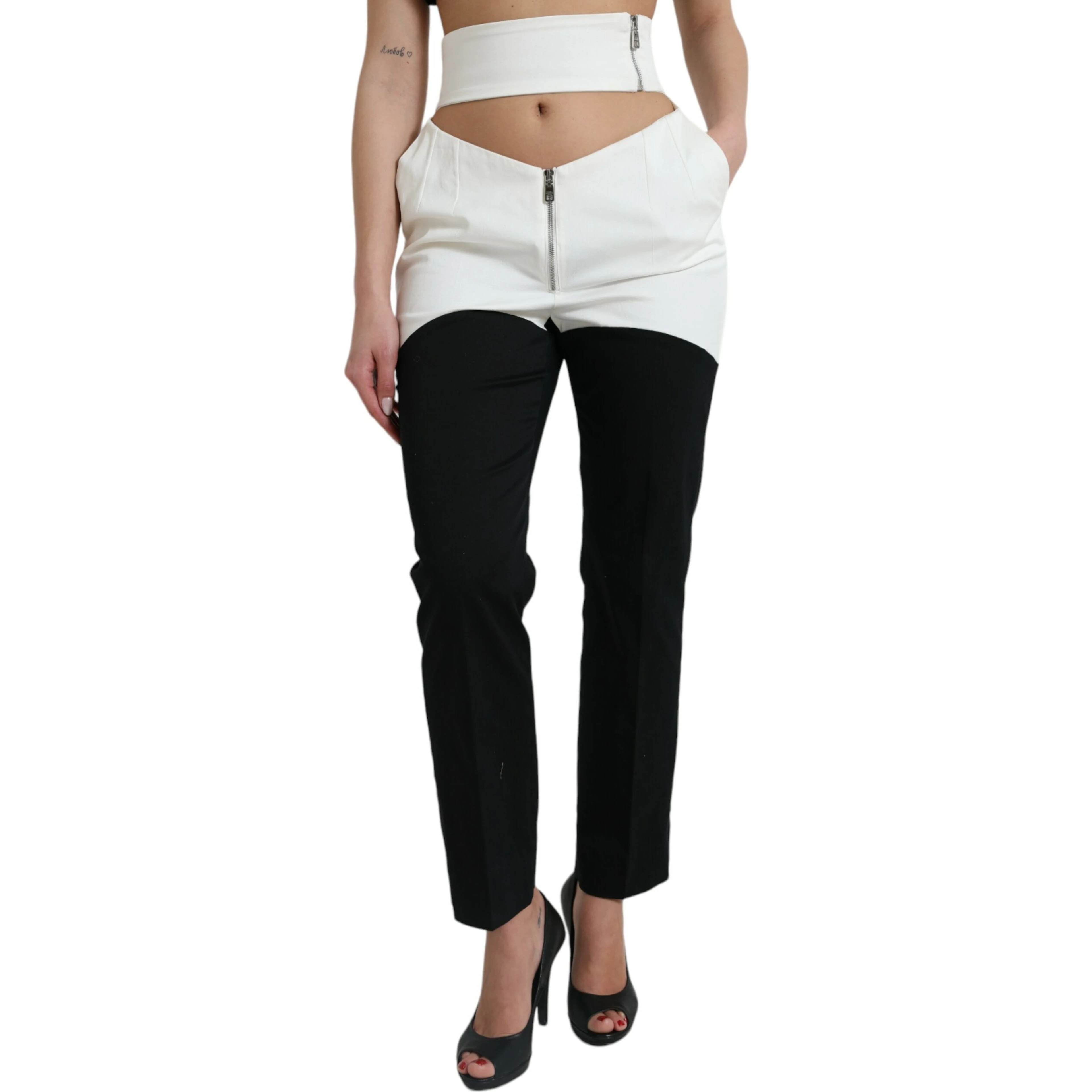 Black White Cotton Cut Out Waist Tapered Pants