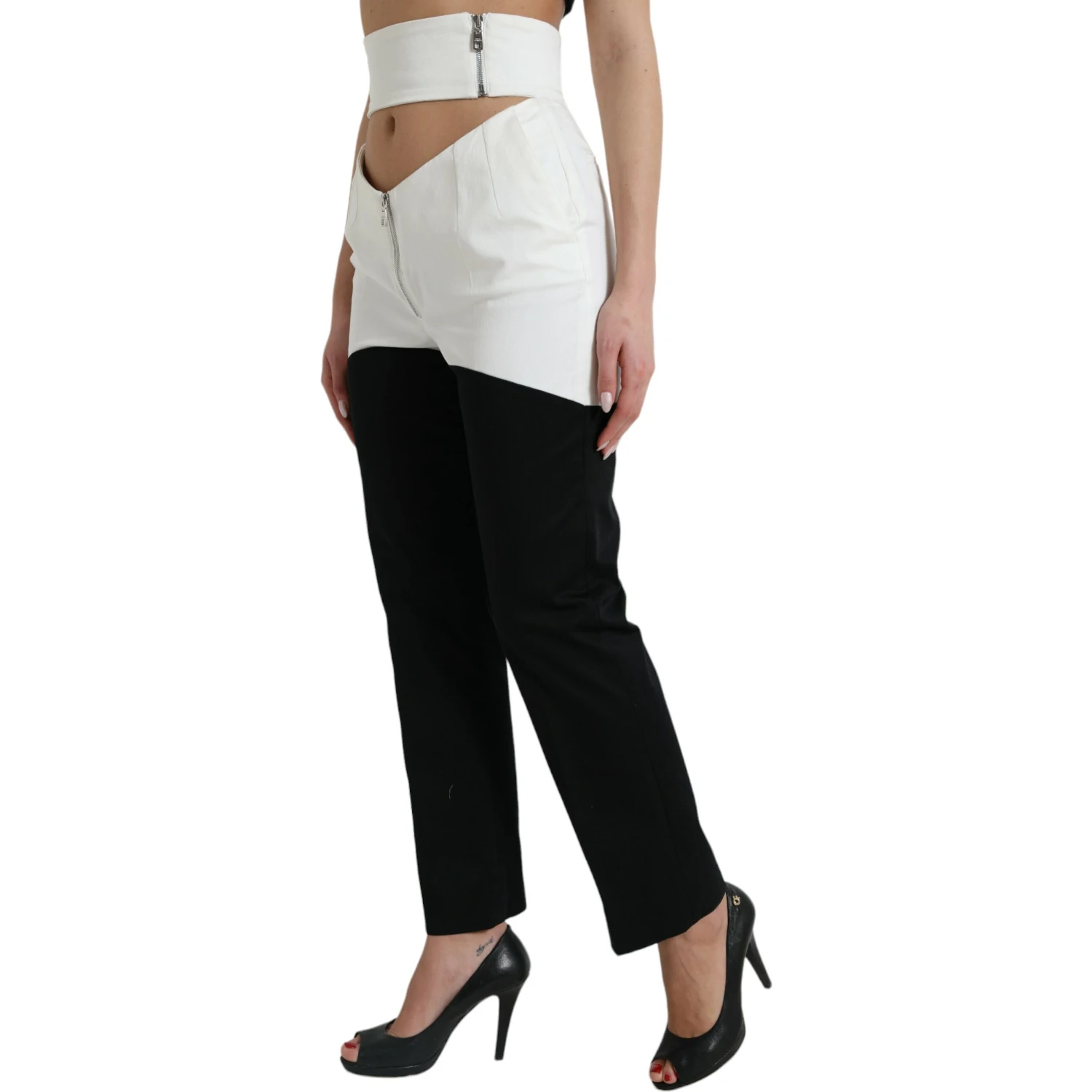 Black White Cotton Cut Out Waist Tapered Pants