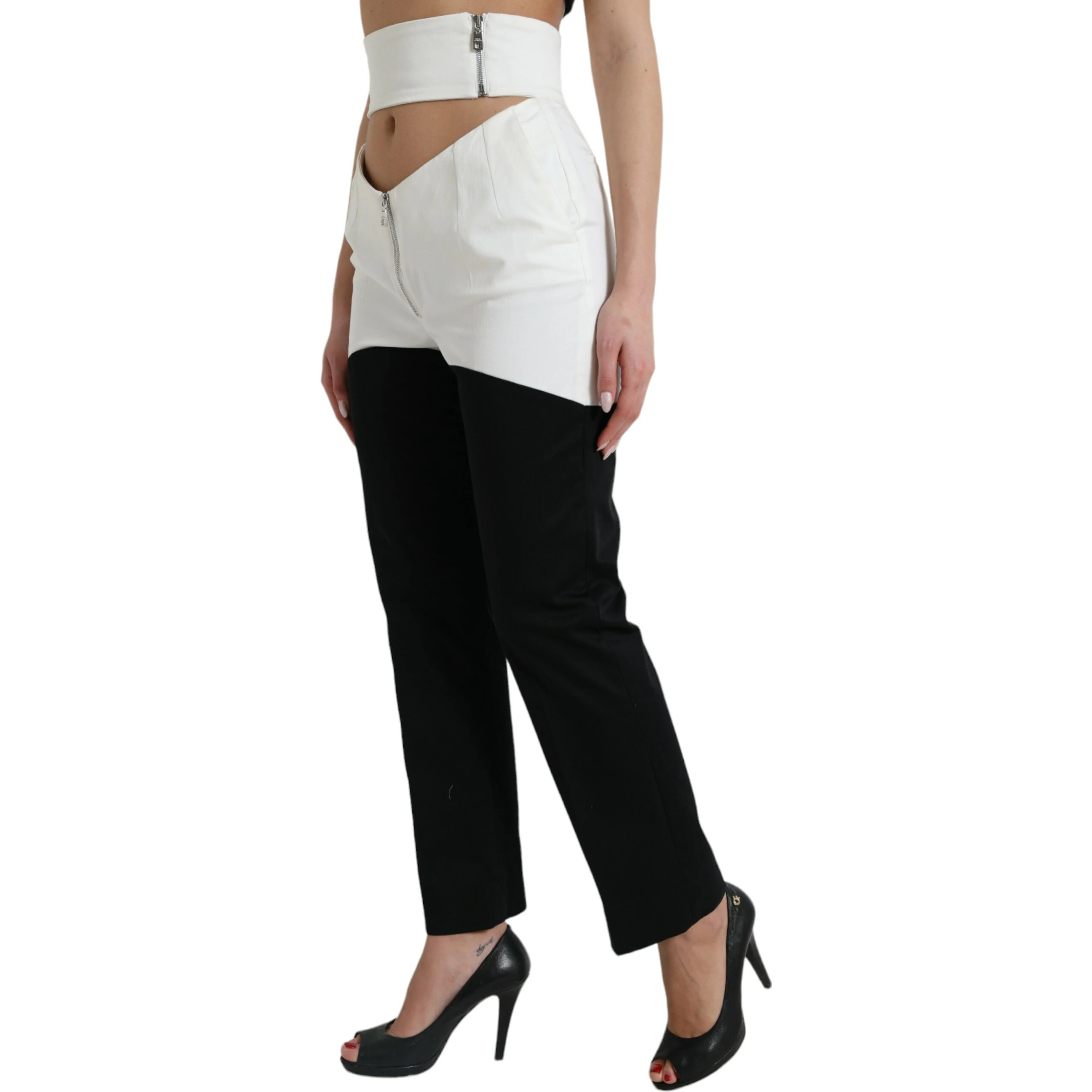 Black White Cotton Cut Out Waist Tapered Pants