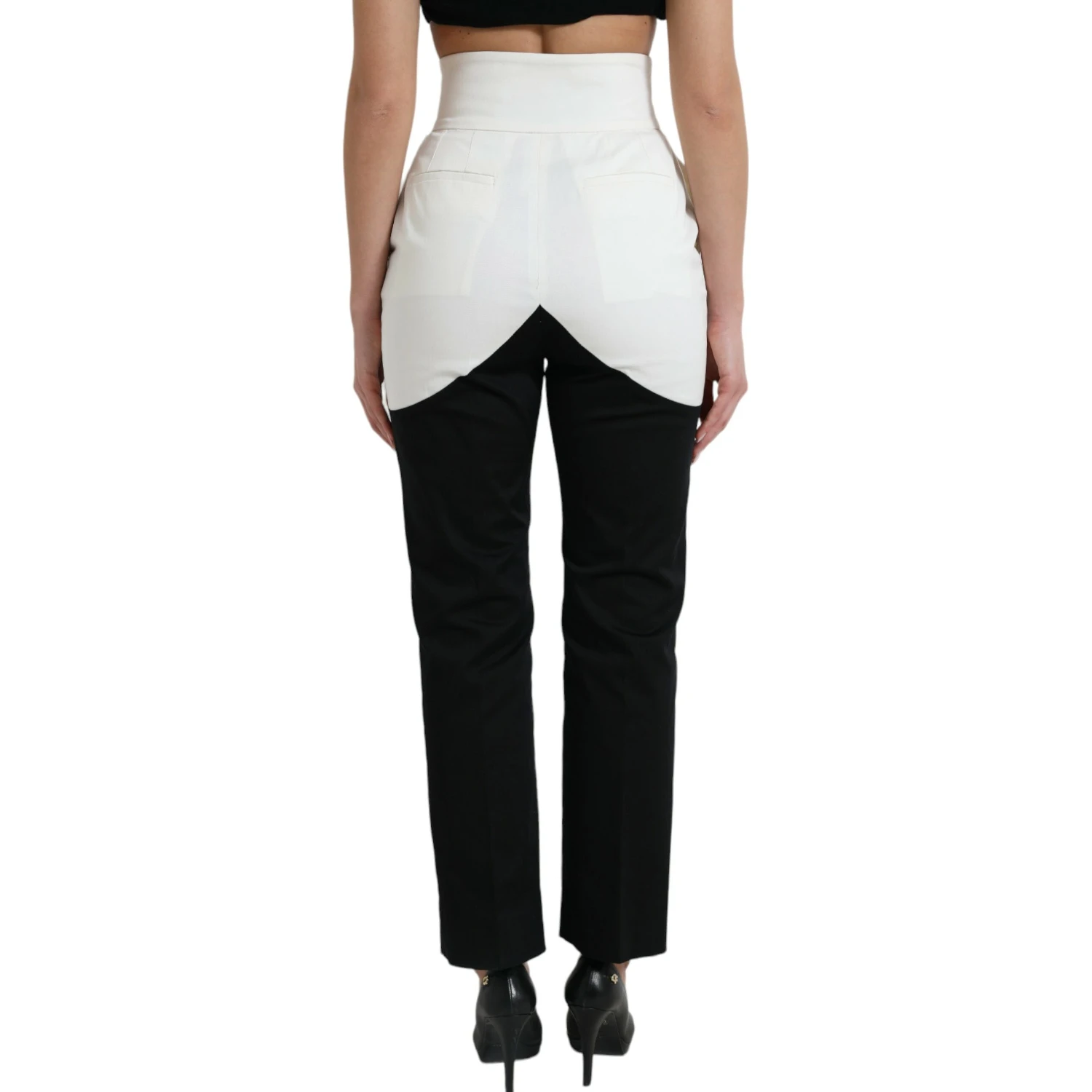 Black White Cotton Cut Out Waist Tapered Pants