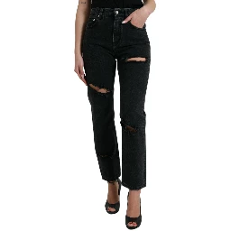 Black Cotton High Waist Tattered Denim Jeans