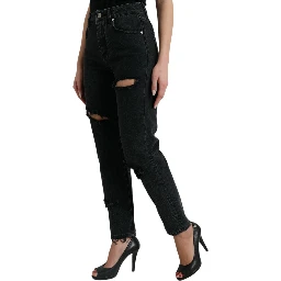 Black Cotton High Waist Tattered Denim Jeans