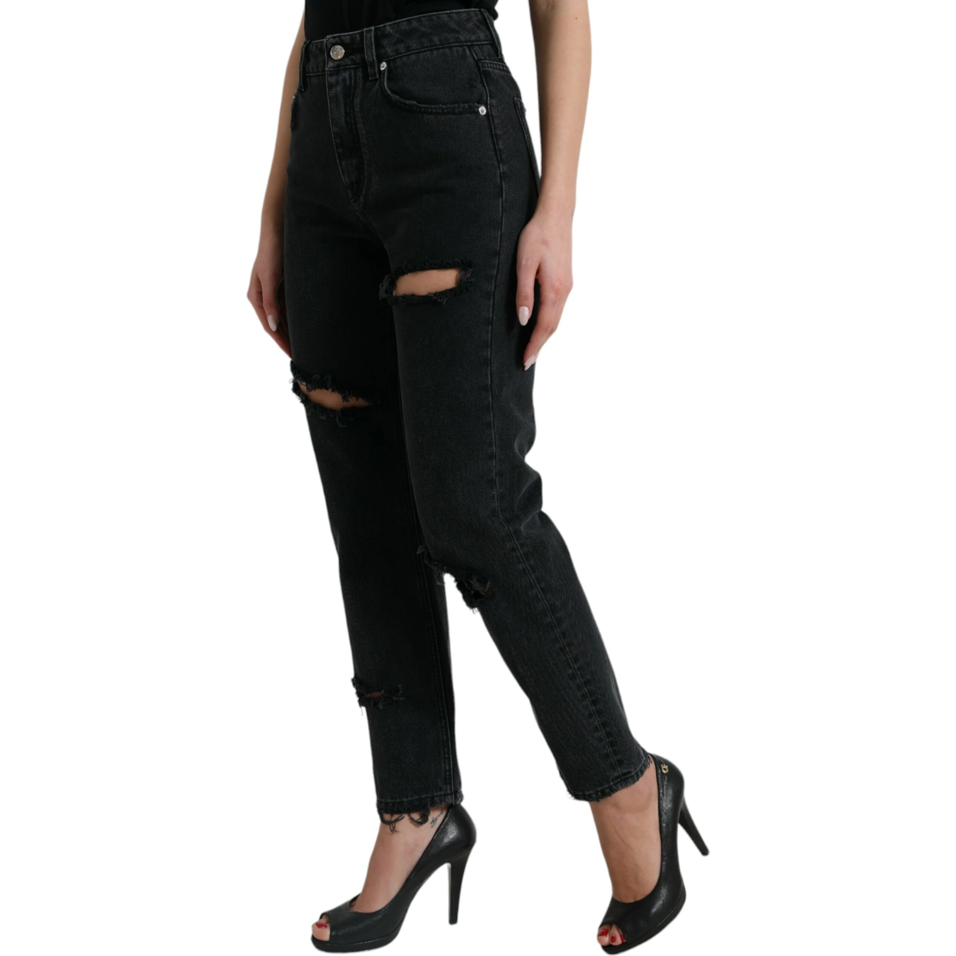 Black Cotton High Waist Tattered Denim Jeans