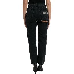 Black Cotton High Waist Tattered Denim Jeans