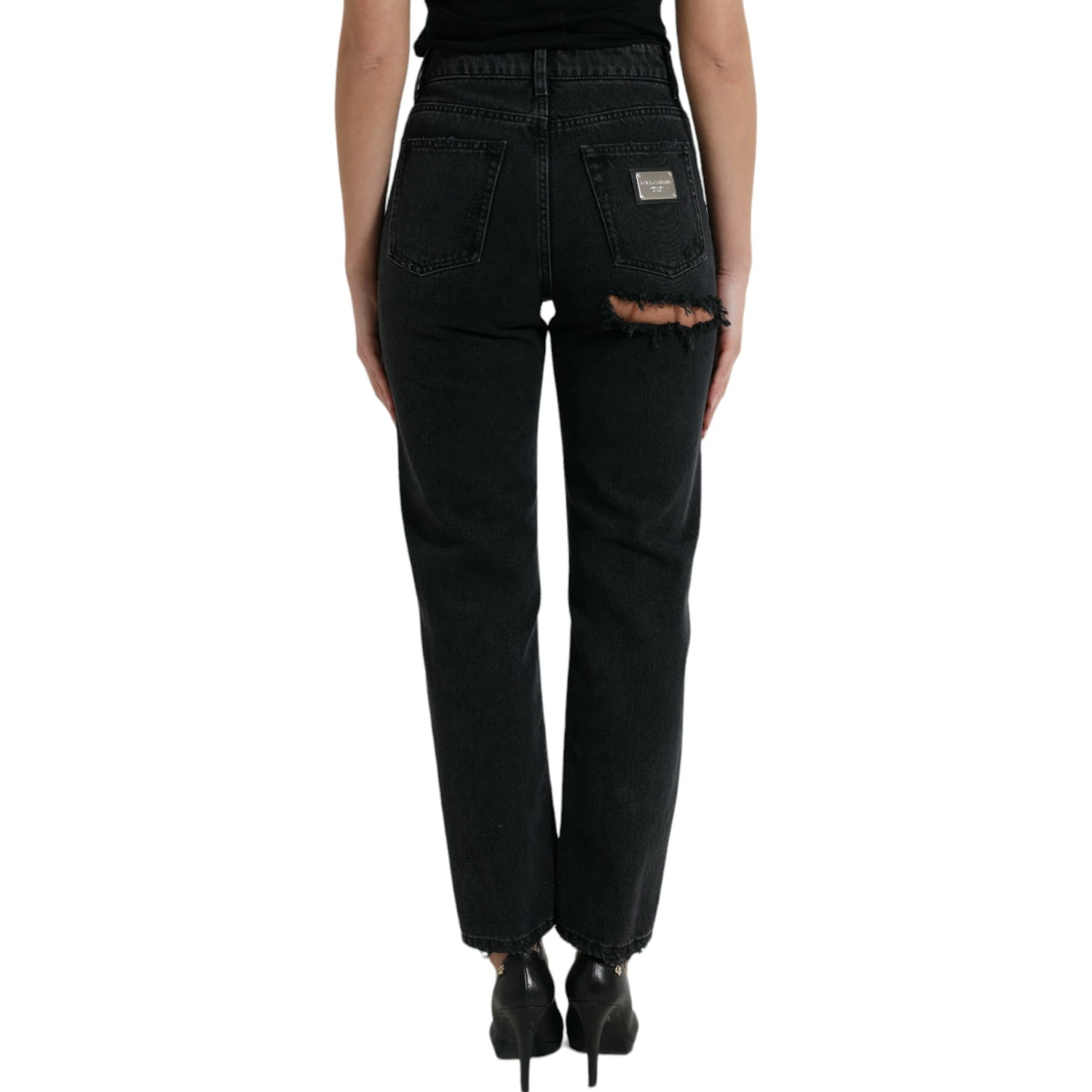 Black Cotton High Waist Tattered Denim Jeans