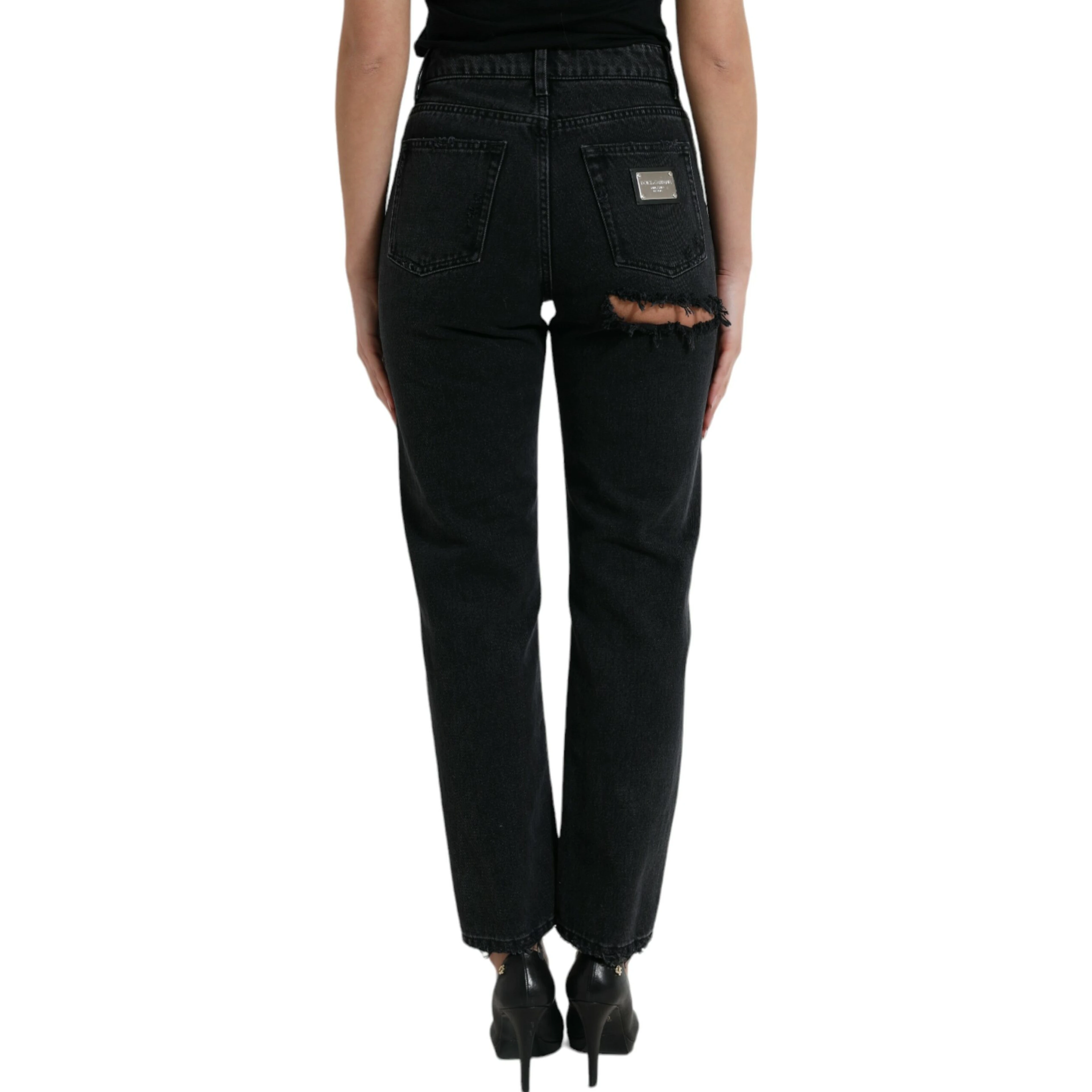 Black Cotton High Waist Tattered Denim Jeans