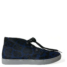 Blue Calfskin Leopard Mid Top Sneakers Shoes