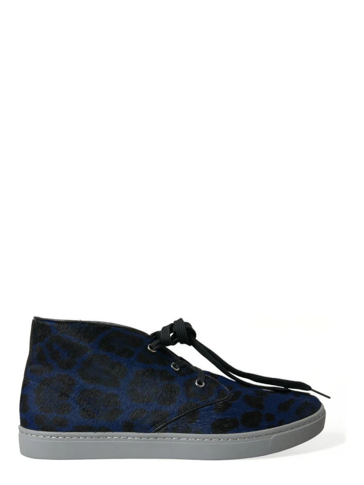 Blue Calfskin Leopard Mid Top Sneakers Shoes