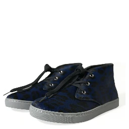 Blue Calfskin Leopard Mid Top Sneakers Shoes