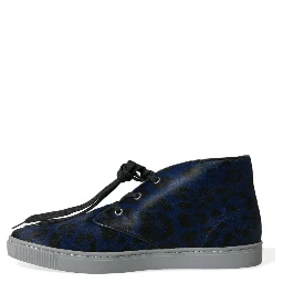 Blue Calfskin Leopard Mid Top Sneakers Shoes