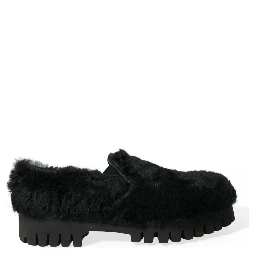 Black Fur Leather Slippers Dress Shoes