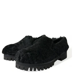 Black Fur Leather Slippers Dress Shoes