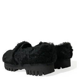 Black Fur Leather Slippers Dress Shoes
