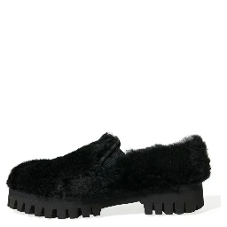 Black Fur Leather Slippers Dress Shoes