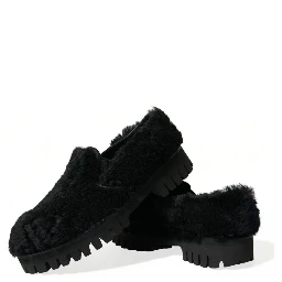 Black Fur Leather Slippers Dress Shoes