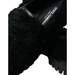Black Fur Leather Slippers Dress Shoes