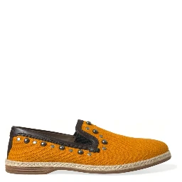 Orange Linen Leather Studded Loafers Shoes