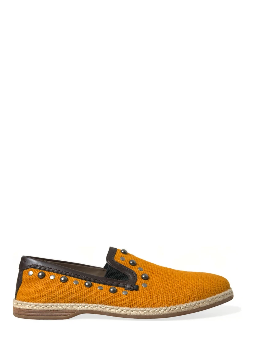 Orange Linen Leather Studded Loafers Shoes