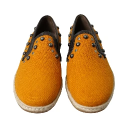 Orange Linen Leather Studded Loafers Shoes